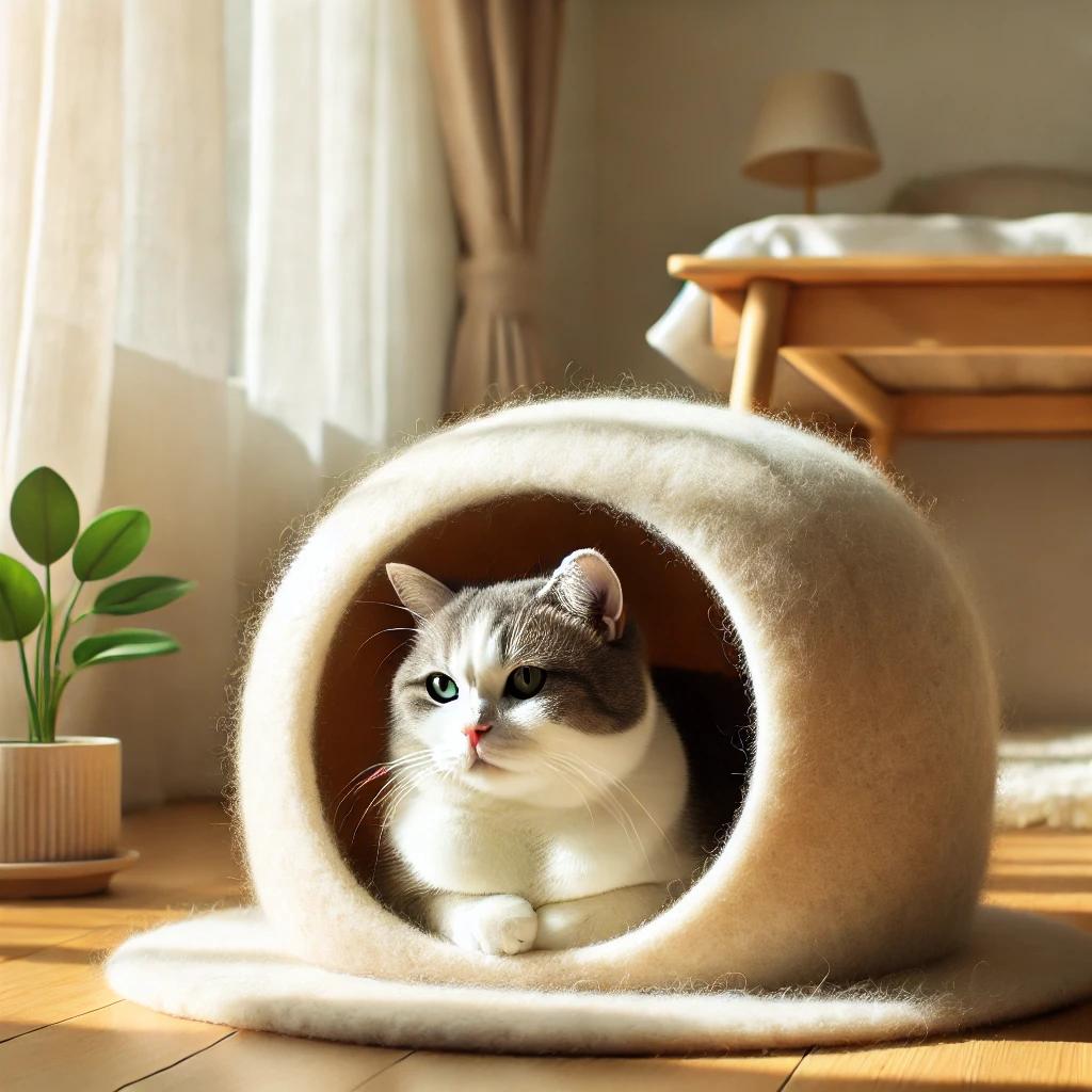 Summer Home Refresh with Felt Decor cozy handmade felt cat cave with cat relaxing in sunlit room